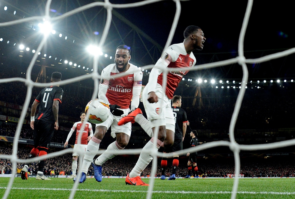 Arsenal's Ainsley Maitland-Niles celebrates scoring the second goal against Rennes during the  Europa League round of 16 second leg clash at the Emirates Stadium, London. — Reuters