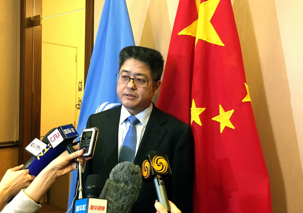 China Vice Minister of Foreign Affairs Le Yucheng talks to the media after the Universal Periodic Review of China by the Human Rights Council at the United Nations in Geneva, Switzerland, on Friday. — Reuters
