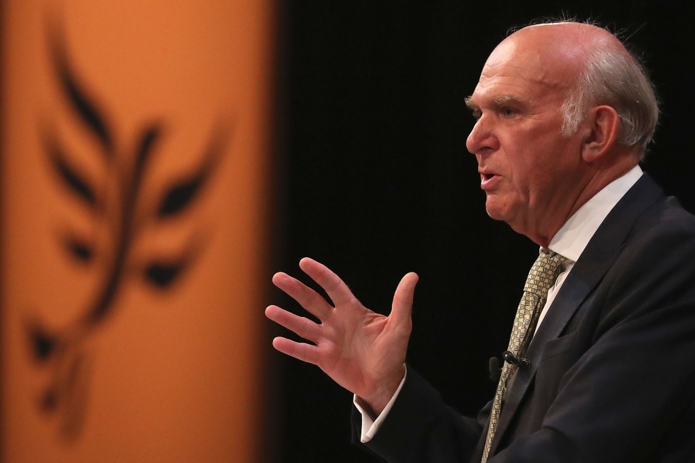 Britain's leader of the Liberal Democrats, Vince Cable (C) speaks at the party's annual conference in Brighton, southern England, in this Sept. 18, 2018 file photo. — AFP