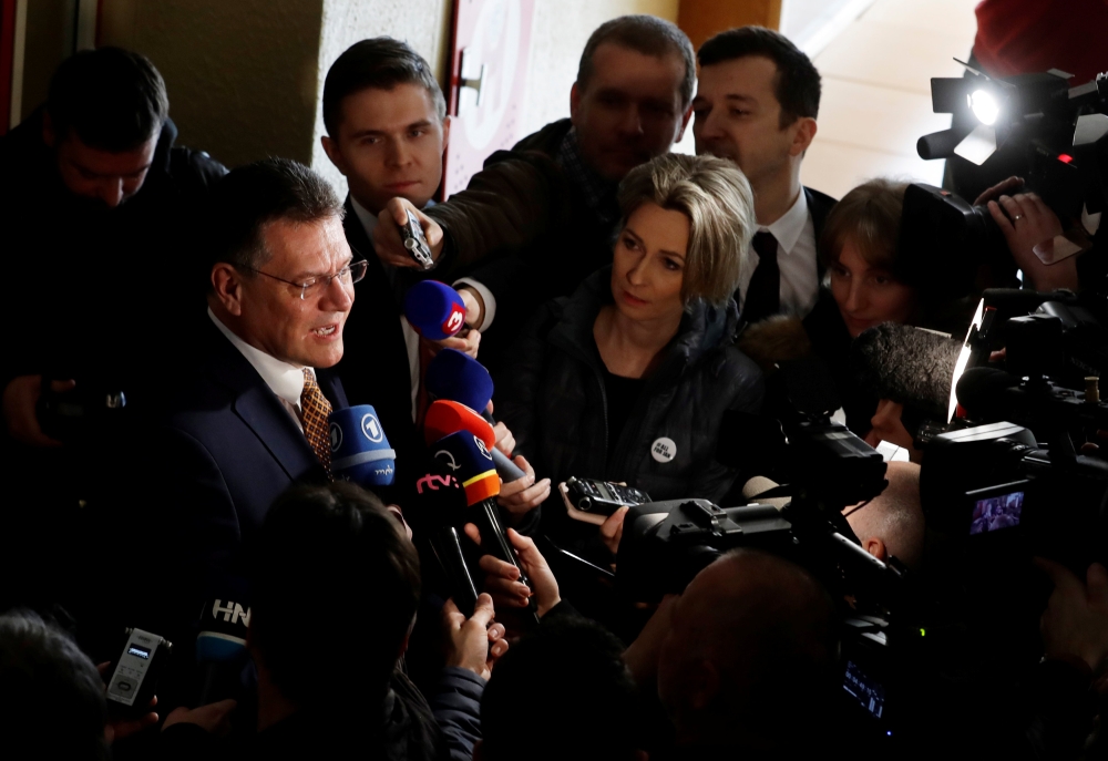 Slovakia's presidential candidate Maros Sefcovic speaks after casting his vote during the country's presidential elections at a polling station in Bratislava, Slovakia, Saturday. — Reuters