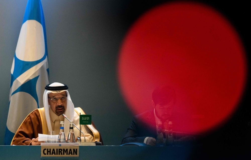


Minister of Energy, Industry and Mineral Resources Khalid Al-Falih chairs the 13th meeting of the Joint Ministerial Monitoring Committee (JMMC) of OPEC and non-OPEC countries in Baku on Monday. — AFP