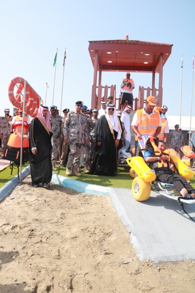 Emir of Jazan Prince Muhammad Bin Nasser and senior Border Guard officials at the inauguration of the first beach for special needs people on Al-Murjan Island.