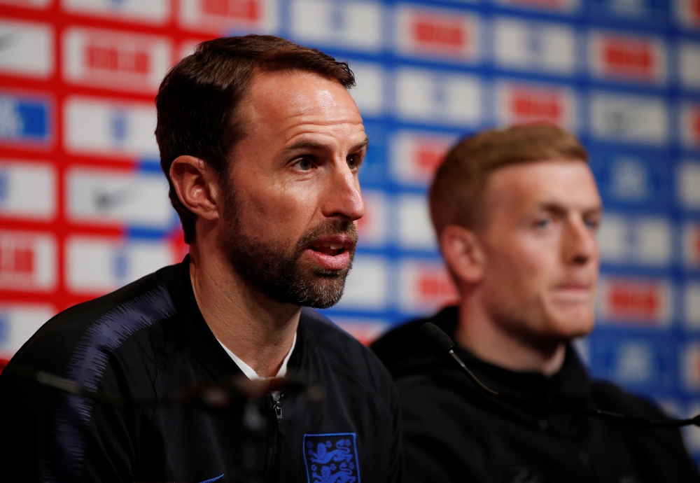 England manager Gareth Southgate and Jordan Pickford during the Euro 2020 qualifier press conference at the Wembley Stadium, London, on Thursday. — Reuters