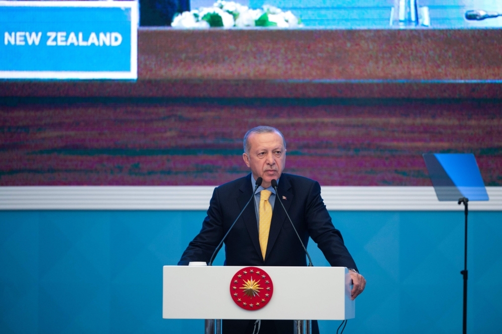 Turkish President Recep Tayyip Erdogan delivers a speech during an emergency meeting of the Organisation of Islamic Cooperation in Istanbul, Turkey, on Friday. — AFP