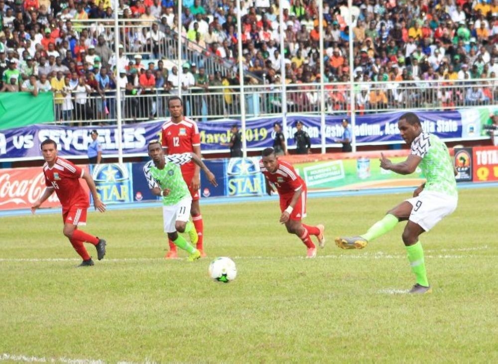 Action during the Nigeria-Seychelles clash in Asaba, Nigeria during the Africa Cup of Nations qualifying home 3-1 victory on Friday. 