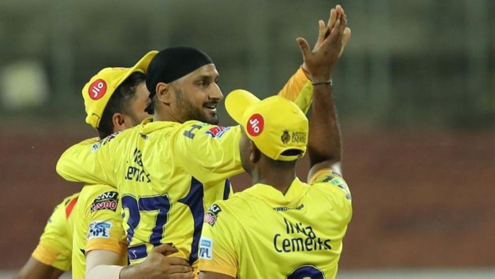 Harbhajan Singh of Chennai Super Kings celebrates.