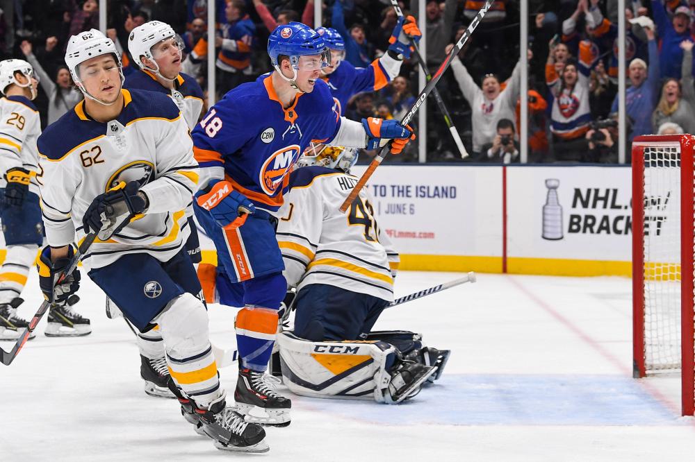 New York Islanders left wing Anthony Beauvillier (18) celebrates his goal against the Buffalo Sabres during their NHL game at Nassau Veterans Memorial Coliseum at Uniondale Saturday. — Reuters 