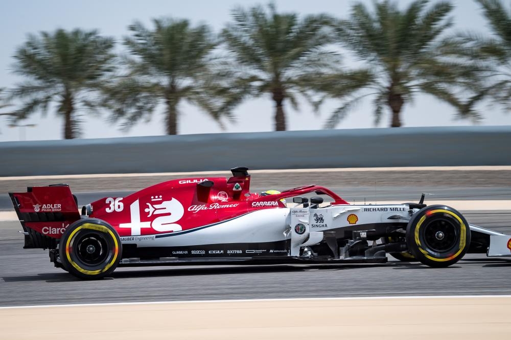 Mick Schumacher, son of seven-time world champion Michael Schumacher, steers an Alfa Romeo Racing F1 car at the in-season test at the Sakhir circuit in Manama Tuesday. — AFP