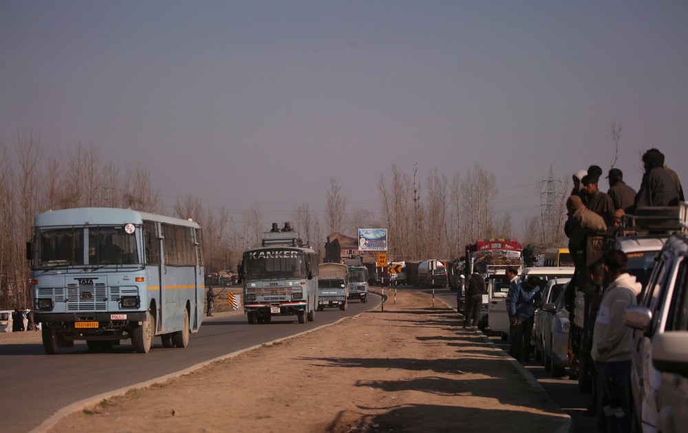 Traffic is stopped as the Indian Central Reserve Police Force (CRPF) convoy moves along a national highway in Qazigund, Jammu and Kashmir, in this March 18, 2019 file photo. — Reuters