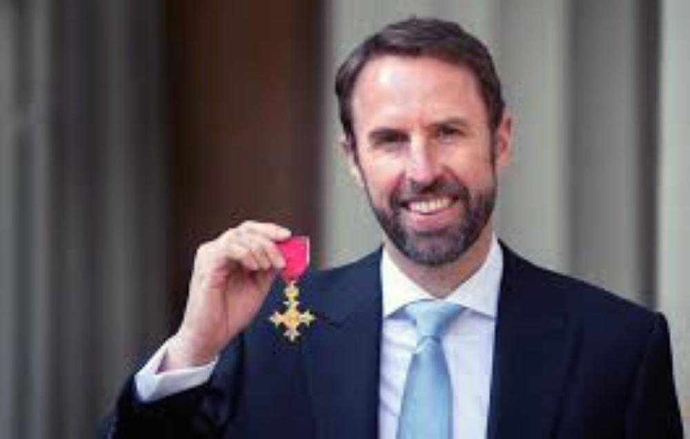 England football manager Gareth Southgate received the OBE award at Buckingham Palace on Thursday.