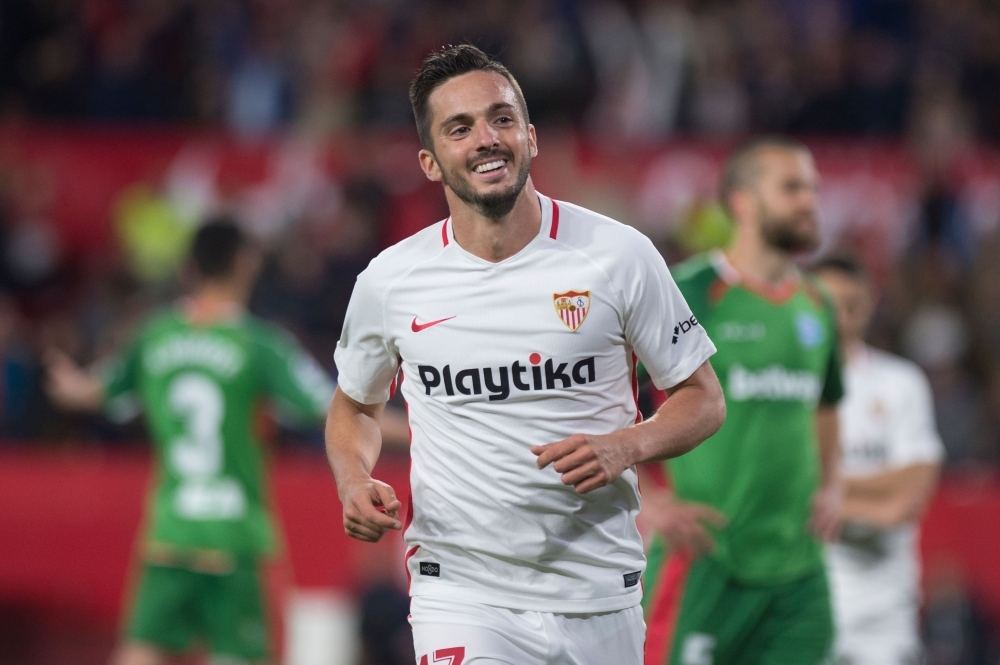 Sevilla's Spanish midfielder Pablo Sarabia celebrates his goal during the Spanish league football match against Deportivo Alaves at the Ramon Sanchez Pizjuan stadium in Seville on Thursday. — AFP 
