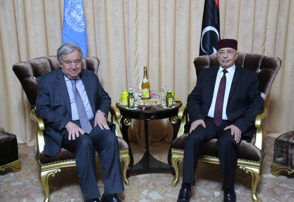 Aguila Saleh, Libya’s parliament president, shakes hand with Secretary General of the United Nations Antonio Guterres in Tobruk, Libya, on Friday. — Reuters