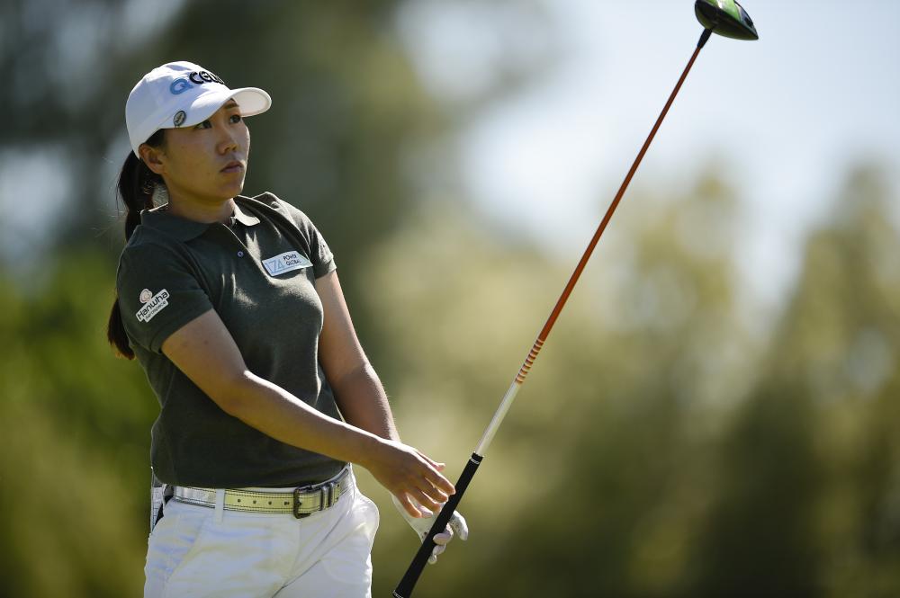 Kim In-kyung watches her shot on the third hole during the second round of the ANA Inspiration Golf Tournament at Mission Hills CC at Rancho Mirage Friday. — Reuters