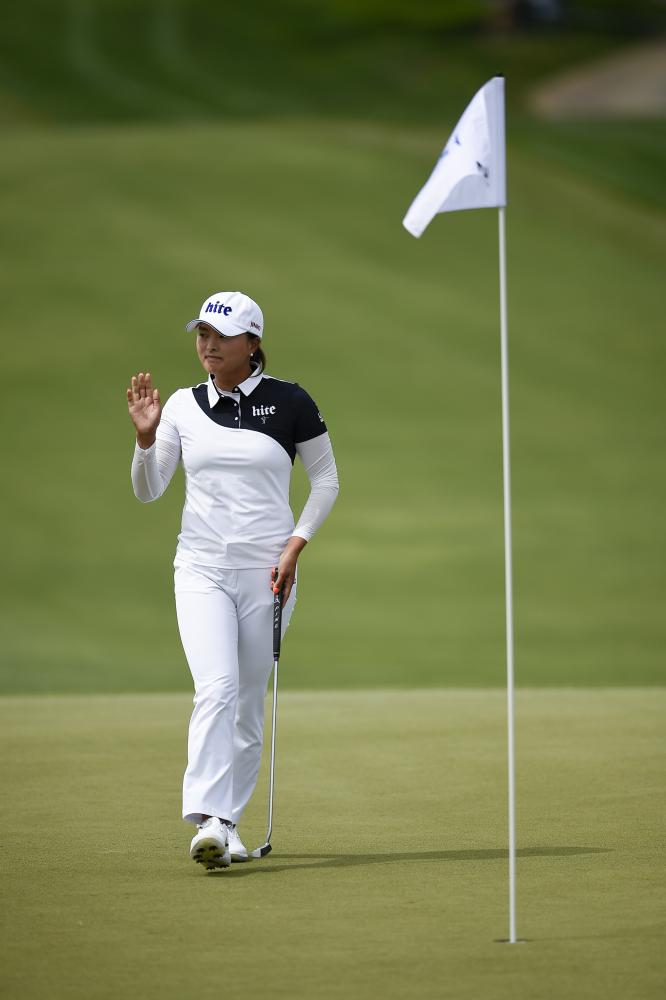 Ko Jin-young reacts after her putt on the second hole during the third round of the ANA Inspiration Golf Tournament at Mission Hills CC in Rancho Mirage Saturday. — Reuters