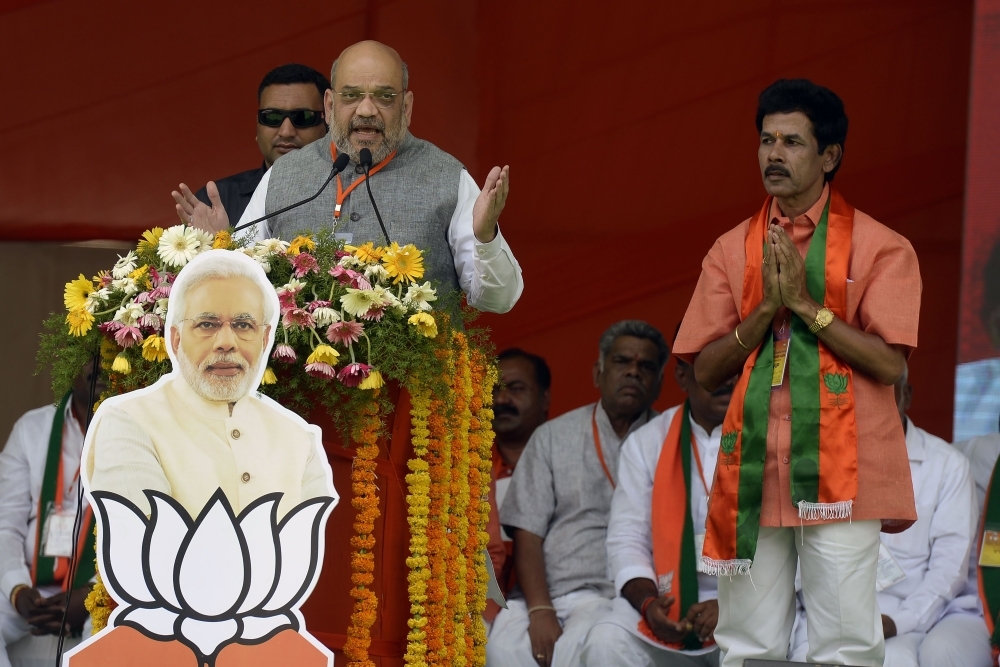 Bharatiya Janata Party (BJP) president Amit Shah addresses a rally ahead of the national elections in Hyderabad, India, on Tuesday. — AFP
