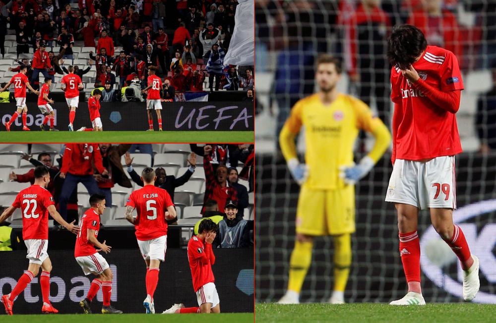 Combo photo shows Benfica's Joao Felix celebrating after scoring their fourth goal to complete his hat-trick against Eintracht Frankfurt at the Estadio da Luz, Lisbon, Portugal on Thursday. — Reuters