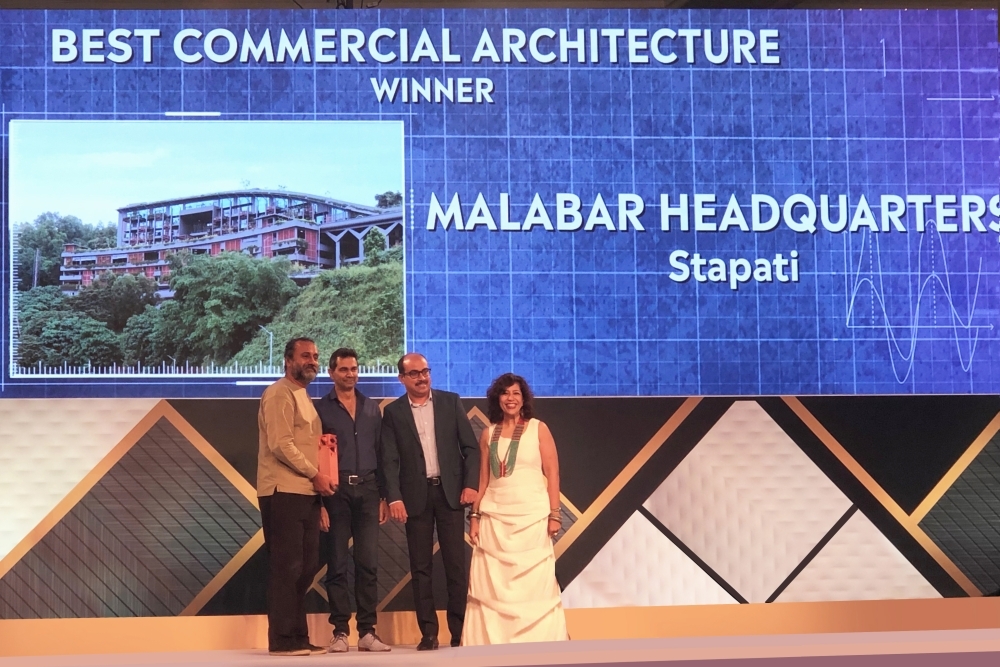Malabar Group headquarters wins special recommendation award for Best Commercial Architecture in the Forbes India Design Award, 2019. Ar. Tony Joseph, Principal Architect, Stapati who designed the Malabar Group headquarters received the award from Ar. Sanjay Puri, Principal Architect, Sanjay Puri Architects and Ar. Sonal Sancheti, Principal Designer, Opolis, in the presence of Subair MP, Deputy Regional Head, West Region, Malabar Gold & Diamonds in an event held in Mumbai, India. 
