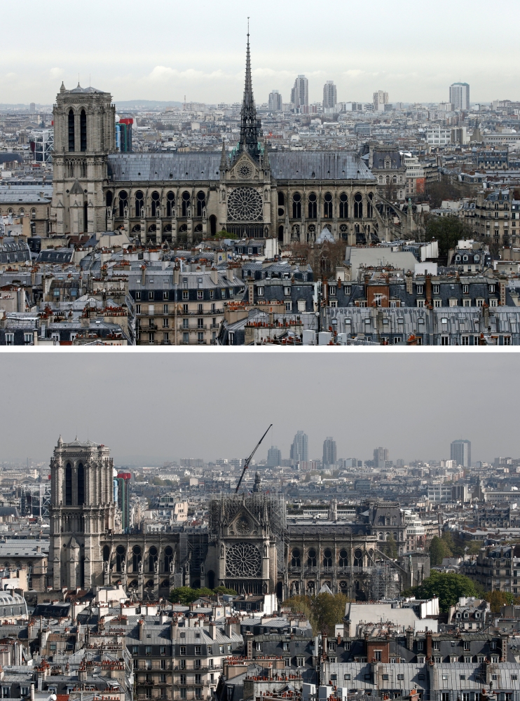 A combination picture shows a general view of Notre-Dame Cathedral before, top and after a fire devastated large parts of the gothic structure in Paris, France, on Wednesday. — Reuters