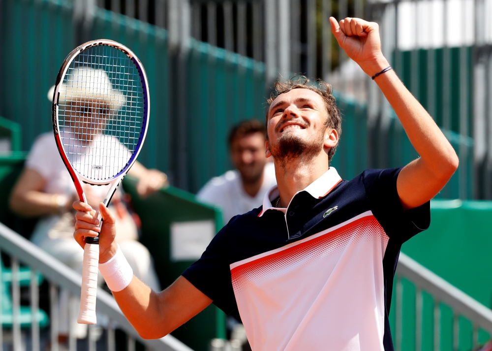 Russia's Daniil Medvedev celebrates winning his third round match against Greece's Stefanos Tsitsipas during the ATP 1000 - Monte Carlo Masters at the Monte-Carlo Country Club, Roquebrune-Cap-Martin, France on Thursday. — Reuters