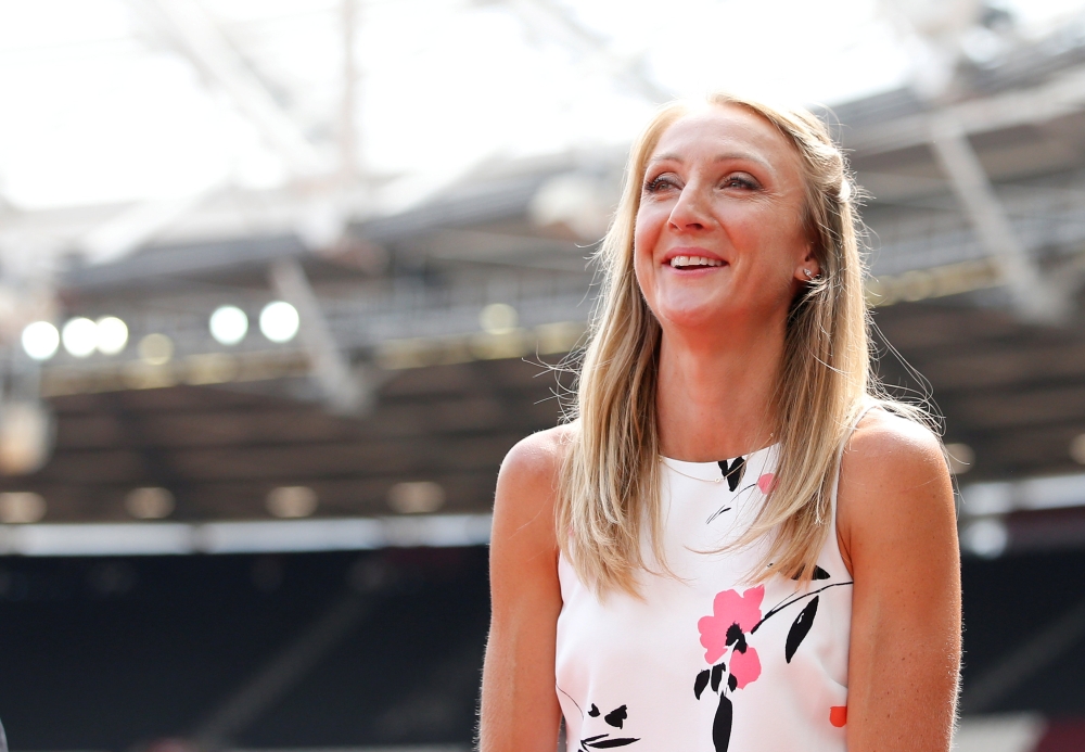 File photo shows former runner Paula Radcliffe before presenting Britain's Nicola Sanders, Marilyn Okoro, Kelly Sotherton and Christine Ohuruogu with their bronze medals for the women's 4x400m relay at the Beijing 2008 Olympic Games. — Reuters