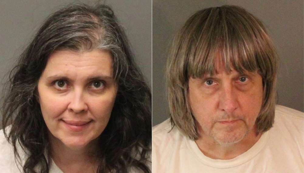 This combination of pictures created on Jan.15, 2018 shows booking photos from the Riverside County Sheriff’s Department of David Allen Turpin, right, and Louise Anna Turpin. — AFP
