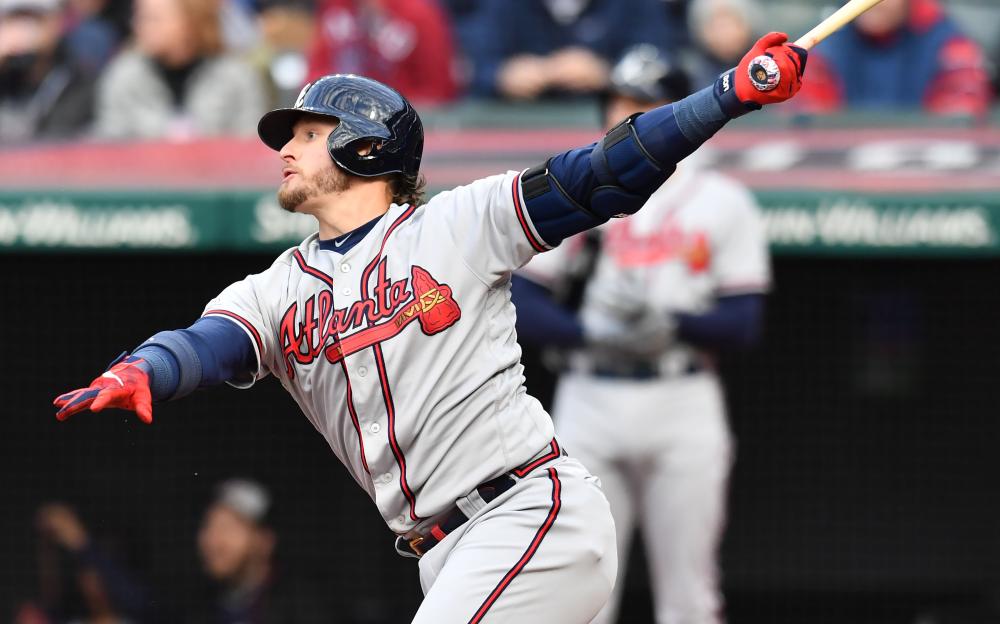 Atlanta Braves’ third baseman Josh Donaldson hits a home run against Cleveland Indians at Progressive Field in Cleveland Sunday. — Reuters