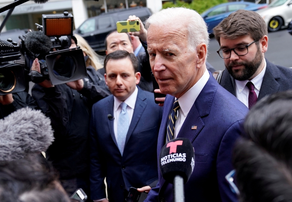Former US Vice President Joe Biden, who is mulling a 2020 presidential candidacy, speaks to the media after speaking at the International Brotherhood of Electrical Workers’ (IBEW) construction and maintenance conference in Washington in this April 5, 2019 file photo. — Reuters