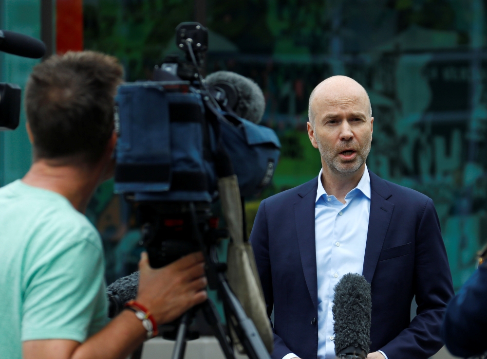 Deutsche Bank Head of Communications Joerg Eigendorf addresses the media in Frankfurt, Germany, on Thursday. — Reuters