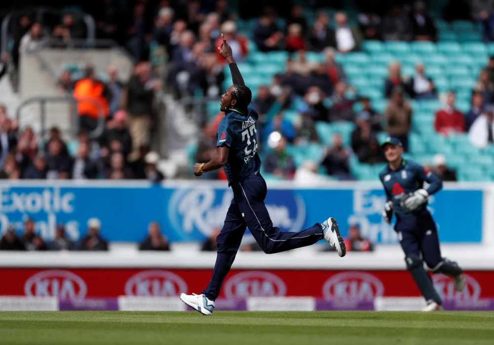 England's Jofra Archer celebrates taking the wicket of Pakistan's Fakhar Zaman during the First One Day International at the Kia Oval, London, Britain. — Reuters