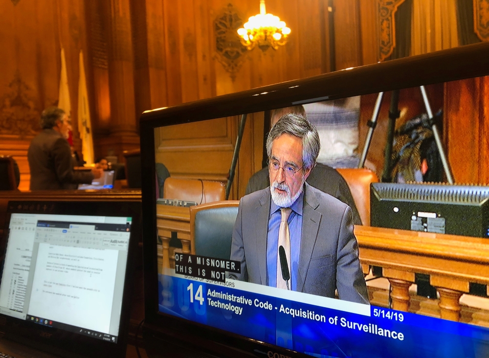 City Supervisor Aaron Peskin speaks before a vote on a surveillance technology ordinance that he sponsored, in San Francisco, California, May 14. - Reuters