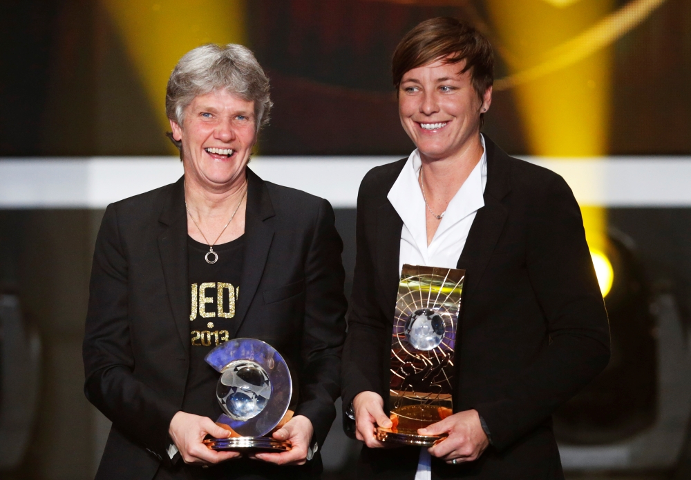 Pia Sundhage of Sweden (L) FIFA Women's Football Coach of the Year 2012 poses with FIFA Women's World Player of the Year 2012 Abby Wambach of the US, during the FIFA Ballon d'Or 2012 soccer awards ceremony at the Kongresshaus in Zurich in this file photo. — Reuters