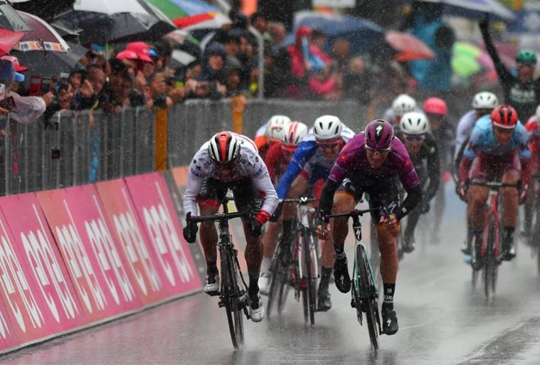 German champion Pascal Ackermann led a soaking sprint finish to take his second stage win of the Giro d'Italia on Wednesday after a cold and slippery fifth stage from Frascati to Terracina. Colombian Fernando Gaviria, for Team UAE, finished second with Frenchman Arnaud Demare third for Groupama-FDJ in a stage that was also neutralized for the first 2.7km.