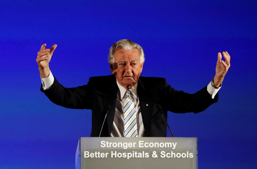 Australia's former prime minister Bob Hawke gives a speech at the Labor Party's federal election campaign launch event in Brisbane on Aug. 16, 2010. — Reuters file photo