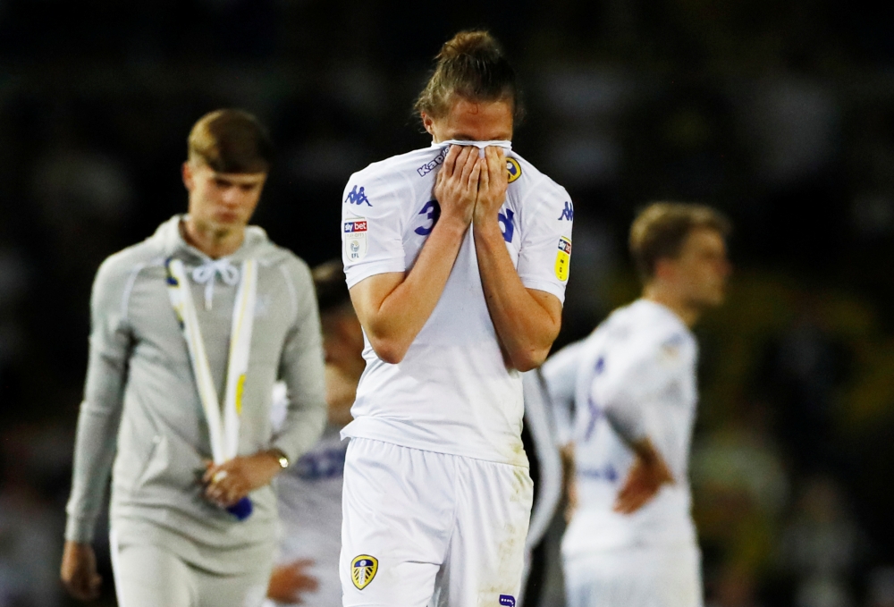 Leeds United's Luke Ayling looks dejected after the match against Derby County in the Championship playoff semifinal second leg at Elland Road, Leeds, Britain, on Wednesday. — Reuters