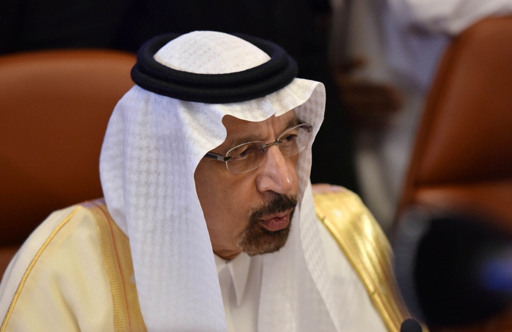 Saudi Energy Minister Khalid Al-Falih speaks to the media before the OPEC 14th Meeting of the Joint Ministerial Monitoring Committee in Jeddah, Sunday. — Reuters