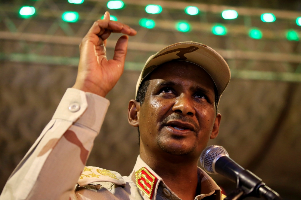General Mohamed Hamdan Dagalo, head of the Rapid Support Forces (RSF) and deputy head of the Transitional Military Council (TMC) delivers an address after the Ramadan prayers and Iftar organized by Sultan of Darfur Ahmed Hussain in Khartoum, Sudan, on Saturday. — Reuters