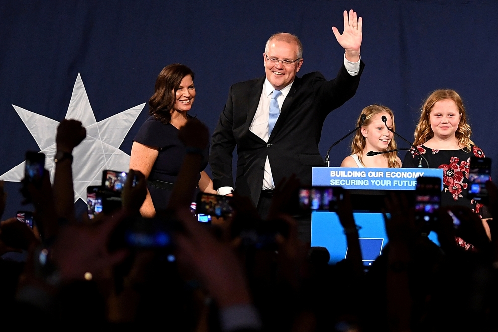 Australia's Prime Minister Scott Morrison with wife Jenny, children Abbey and Lily after winning the 2019 Federal Election. - Reuters  