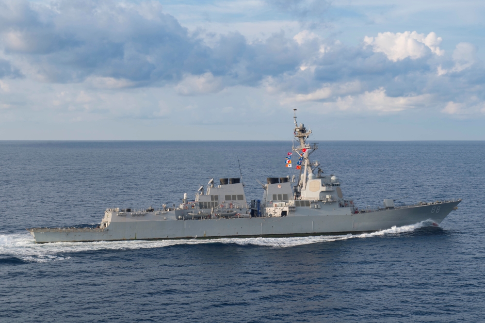 The Arleigh Burke-class guided-missile destroyer USS Preble (DDG 88) transits in the Indian Ocean, March 29. - Reuters