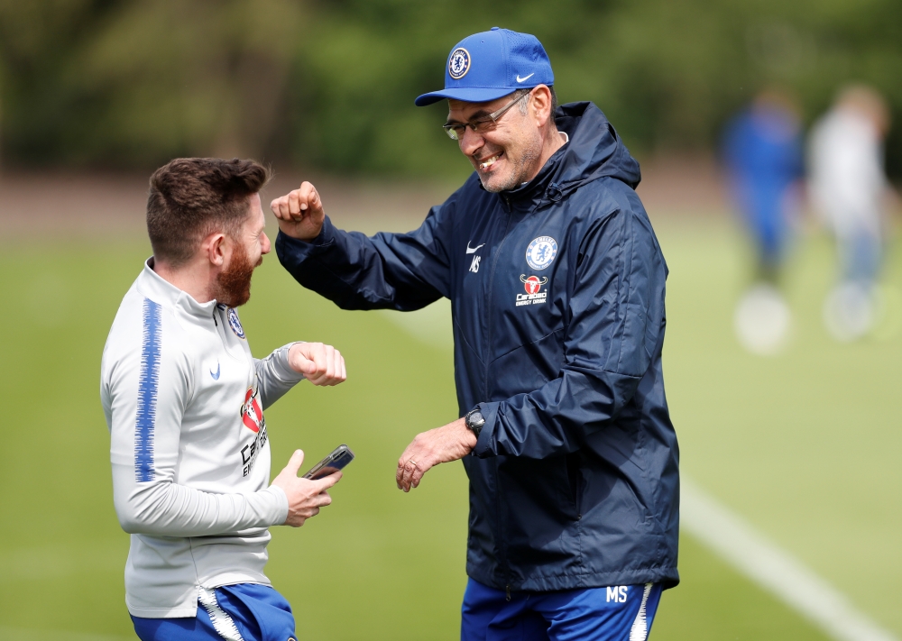 Chelsea manager Maurizio Sarri during training for the Europa League at the Cobham Training Centre, Stoke D'Abernon, Cobham, Britain, on Wednesday. — Reuters