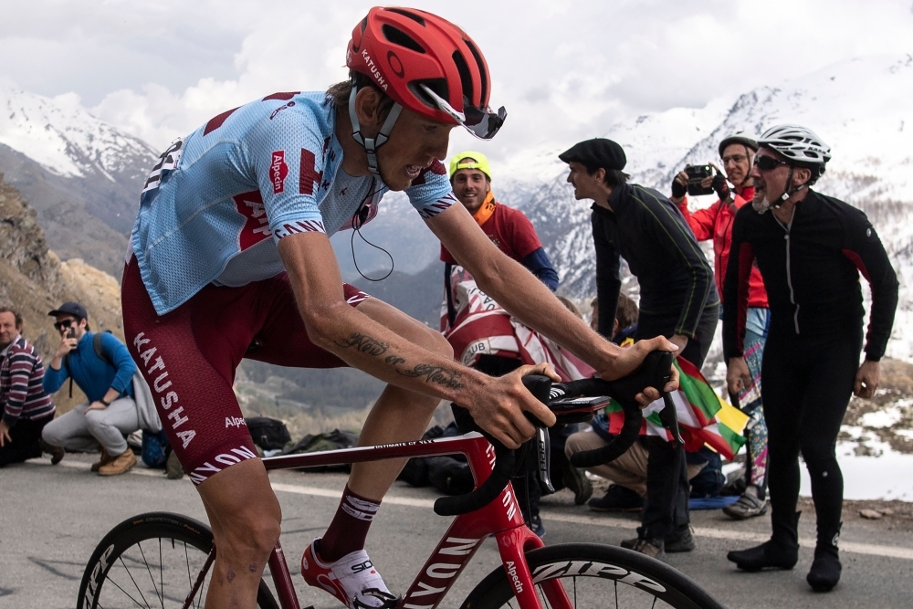 Team Katusha rider Russia's Ilnur Zakarin climb during the stage thirteen of the 102nd Giro d'Italia - Tour of Italy - cycle race, 196kms from Pinerolo to Ceresole Reale (Lago Serru) on Friday. — AFP