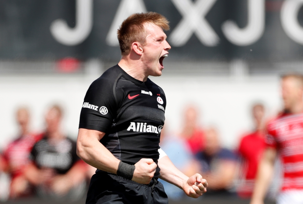 Saracens' Nick Tompkins celebrates scoring their fourth try during Rugby Union  Premiership semifinal match against Gloucester at Allianz Park in London on Saturday. — Reuters