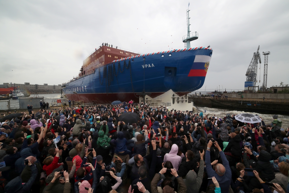 People attend the float out ceremony of the nuclear-powered icebreaker 