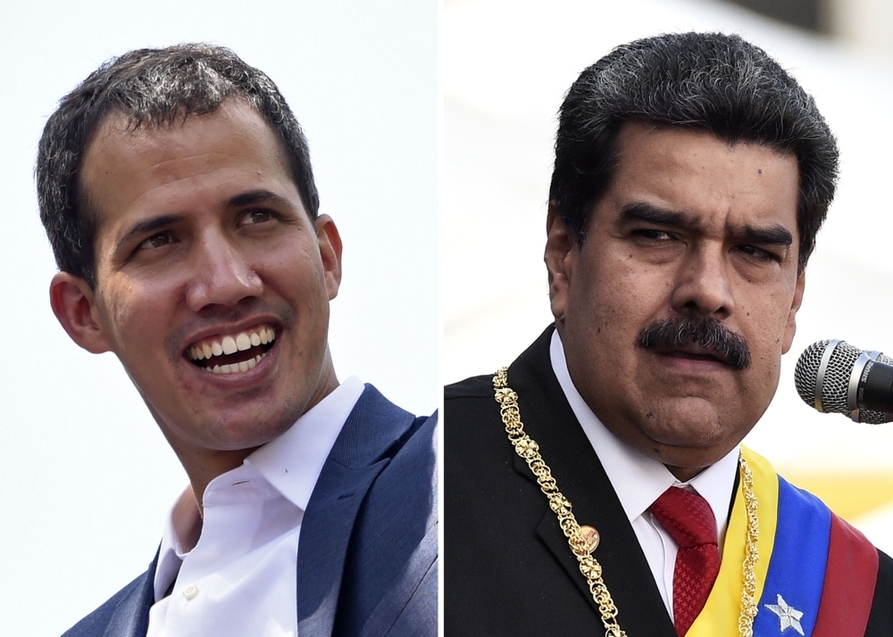Venezuelan opposition leader Juan Guaido (L) smiles during a gathering with supporters in Caracas on February 2, 2019 and Venezuelan President Nicolas Maduro delivers a speech during the ceremony of recognition by the Bolivarian National Armed Forces (FANB) in Caracas on January 10, 2019. - AFP

