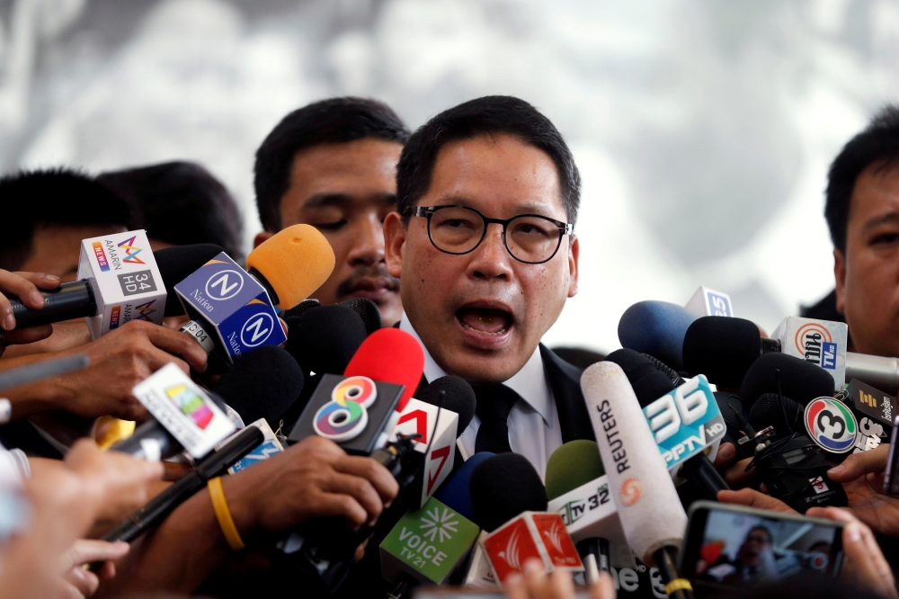 Uttama Savanayana, the Palang Pracharat Party leader, talks to reporters after he met with the Democrat party leader in the party head office in Bangkok, Thailand May 27. - Reuters 