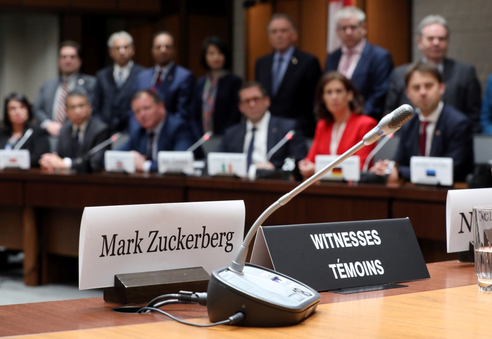 A nameplate is pictured after Facebook CEO Mark Zuckerberg failed to appear at the International Grand Committee on Big Data, Privacy and Democracy meeting as members of the committee take part in a news conference on Parliament Hill in Ottawa, Ontario, Canada. — Reuters