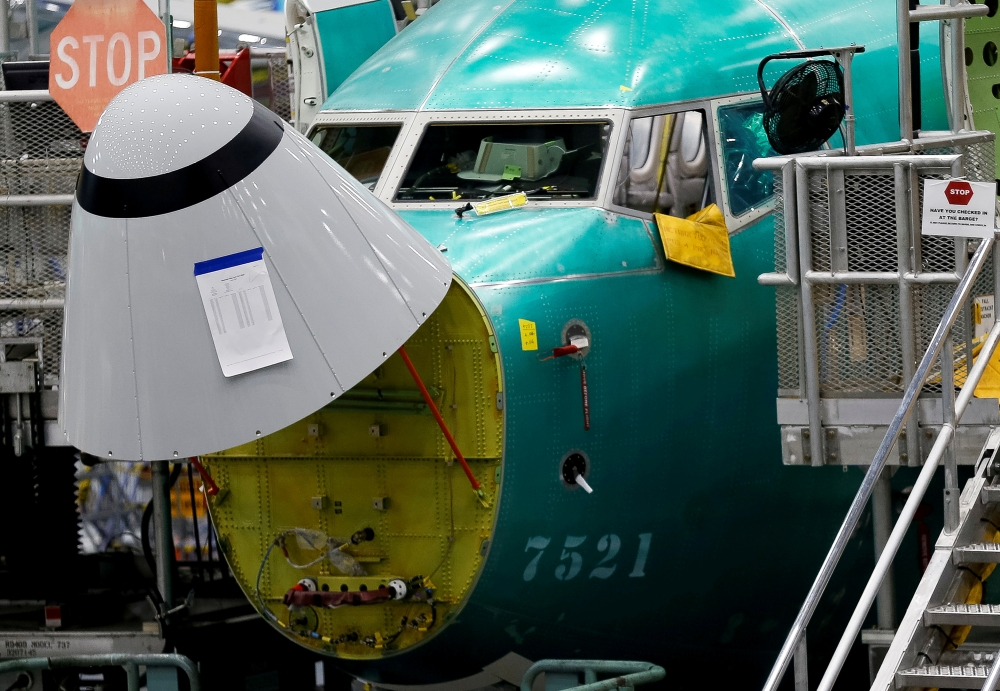 The angle of attack sensor, at bottom center, is seen on a 737 Max aircraft at the Boeing factory in Renton, Washington, US, in this file photo. — Reuters