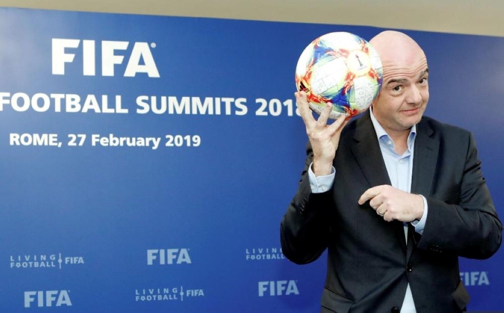 FIFA President Gianni Infantino shows an official ball of the 2019 FIFA Women's World Cup during his news conference in Rome, Italy, in this file photo. — Reuters