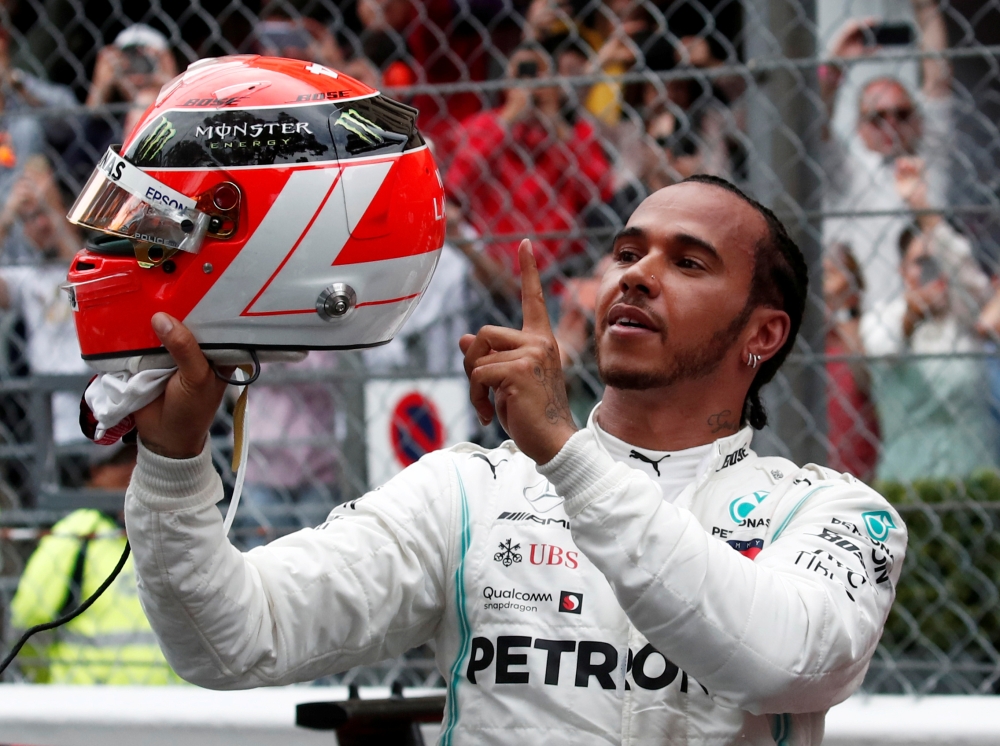 Mercedes' Lewis Hamilton celebrates winning the Monaco Grand Prix after the race at the Circuit de Monaco, Monte Carlo, Monaco — May 26, 2019. — Reuters