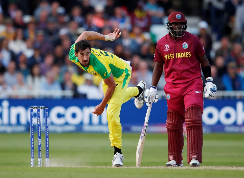 Australia's Mitchell Starc is in action during an ICC Cricket World Cup against West Indies at Trent Bridge, Nottingham, Britain, on Thursday. — Reuters