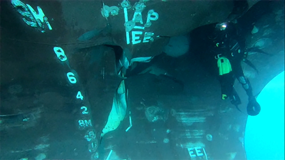 An undated photograph provided Thursday by the United Arab Emirates mission to the United Nations shows underwater damage to the Saudi Arabian tanker Al Marzoqah in the Port of Fujairah. — Reuters